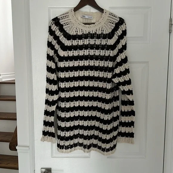ZARA CROCHET STRIPED POINTELLE KNIT SWEATER DRESS Size Medium Mini dress - Picture 4 of 8